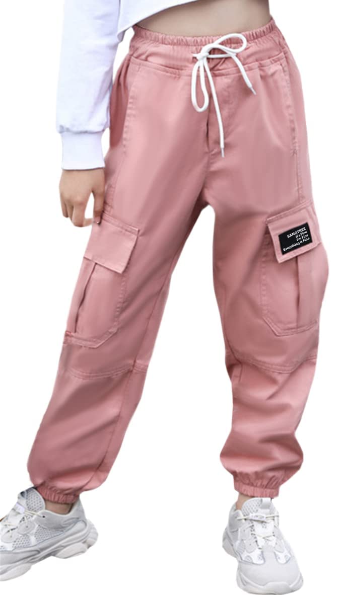 SANGTREE Girls Cargo Pants, Elastic Waist Drawstring Loose Tapered Multi Pockets Cargo Jogger Pants for Girl, Pink, 9-10 Years Big Kid = Tag 150 - Image 1
